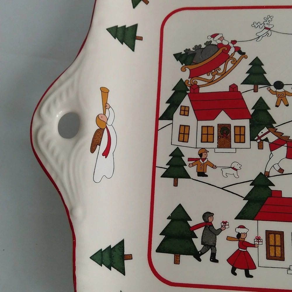 Vintage Masons Christmas Village Square Cake Plate Tab Handles Platter